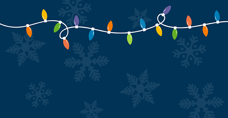 Blue background with string of colorful holiday lights along top