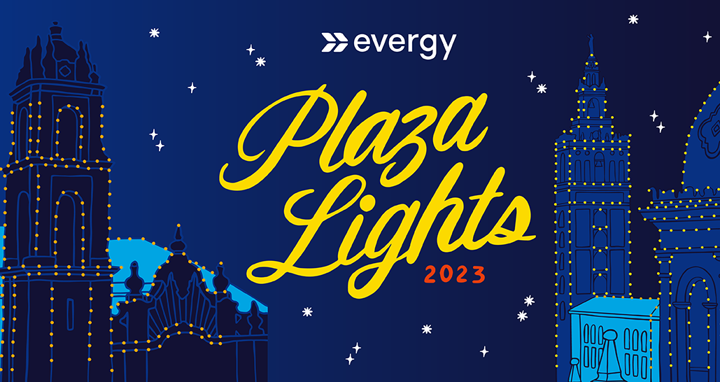 Dark blue background with stars and lit up Plaza buildings that reads "Plaza Lights 2023"