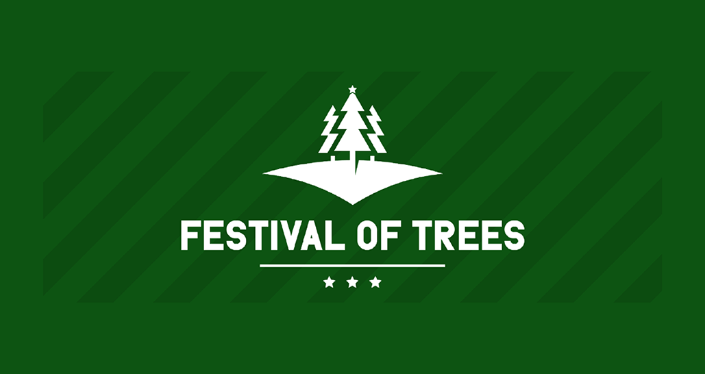Dark green background with a white image of trees on a snowy hill and text reading "Festival of Trees"