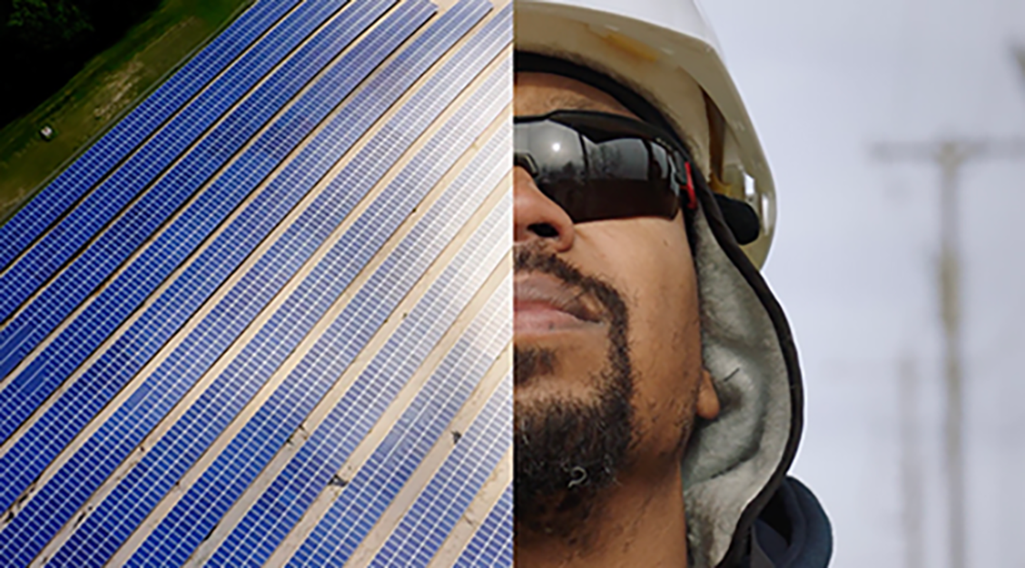 Split screen image of a solar array and Evergy worker looking to the sky