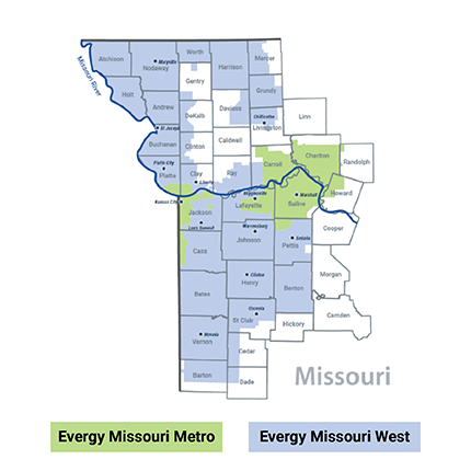Map with shaded sections showing Evergy's Missouri West and Missouri Metro territories