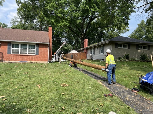 Crew replaces a utility pole at a home